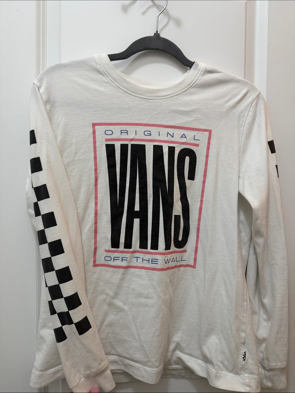 Vans White Long Sleeve Tee with Black Logo and Pink Trim